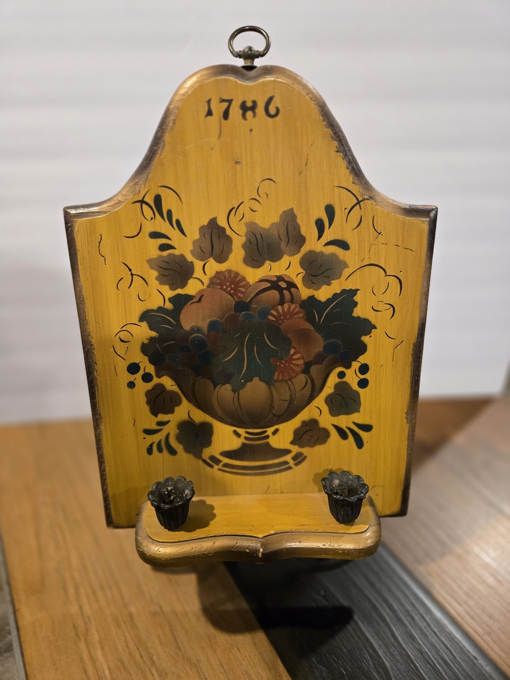 Vintage wooden wall sconce / taper candle holder Fruit Bowl Motif